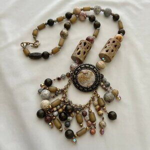 Genuine Gemstone Jasper Mixed Beaded Statement Costume Artisan Estate Necklace